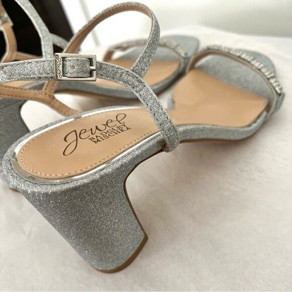 Jewel Badgley Mischka Silver Glitter Open Row Ankle Strap Sandal Heels 8.5 NWOB - Picture 5 of 10